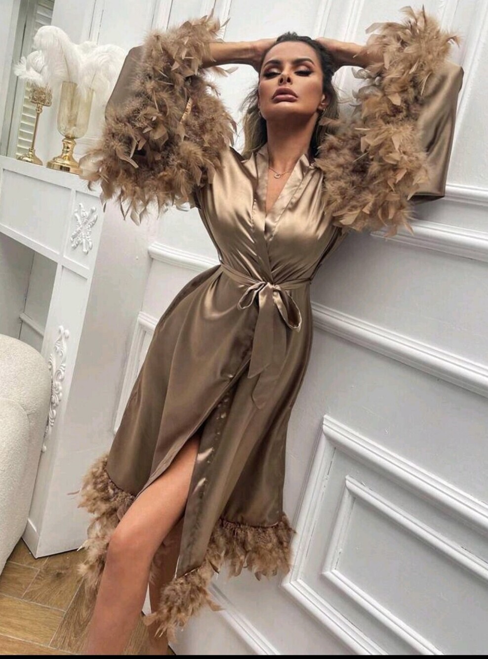 Bronze Satin Wrap Dress with Feather Trim